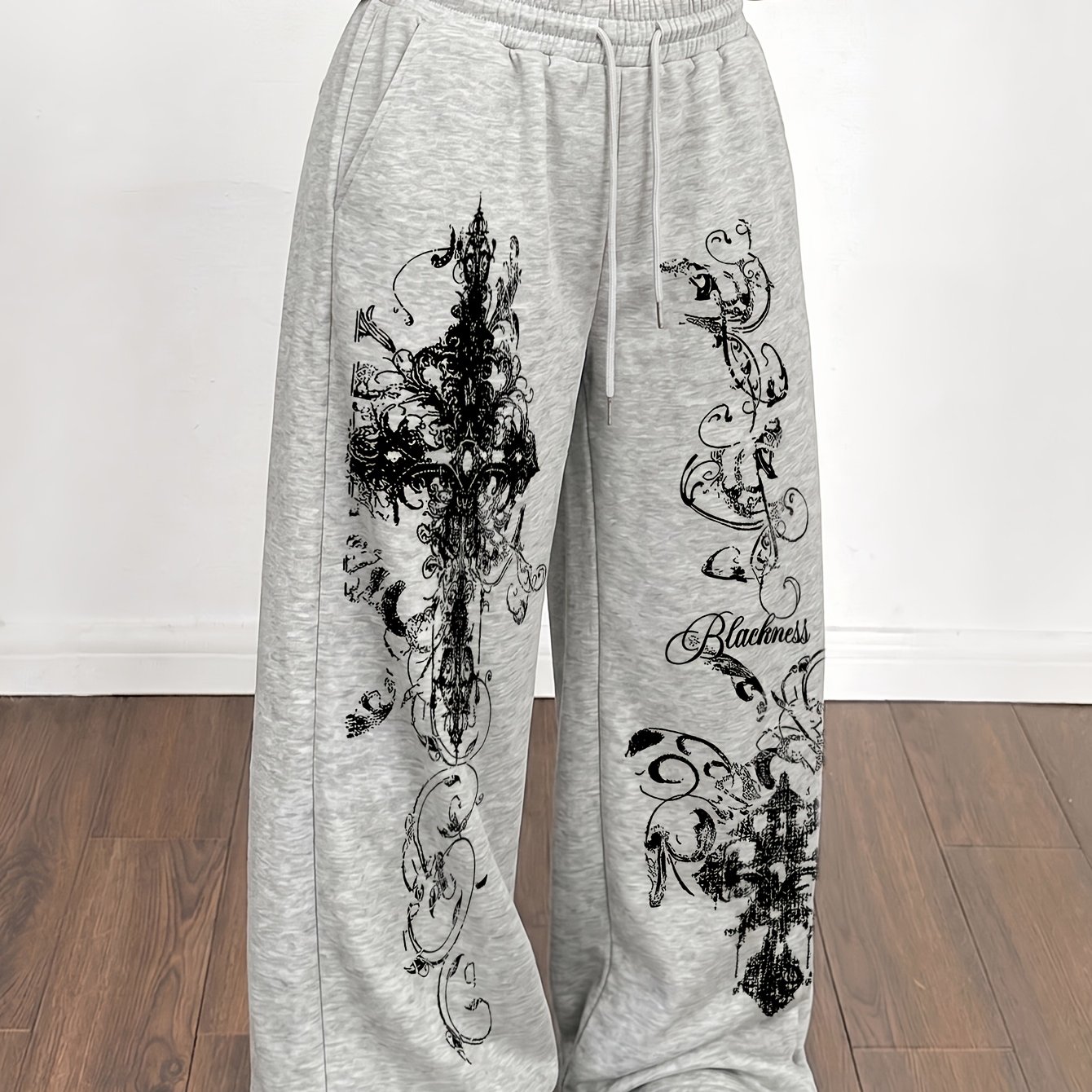 TEMU Style Street Elastic Drawstring Straight Trousers Gothic Cross Letter Print Pattern Pants Women's Trousers