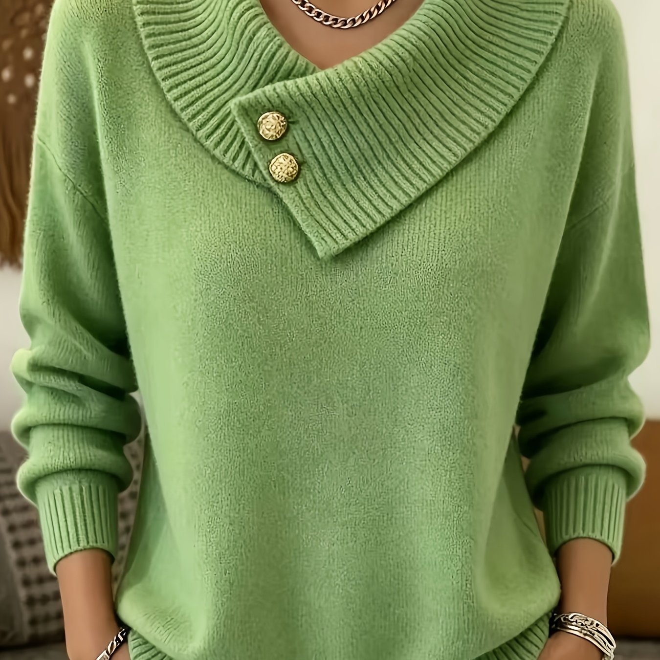 TEMU 2026 Autumn Winter New Women's Slanted Lapel Button Design Sense Sweater, Loose Lazy Pullover Temperament Long Sleeve Top, Christmas Essential