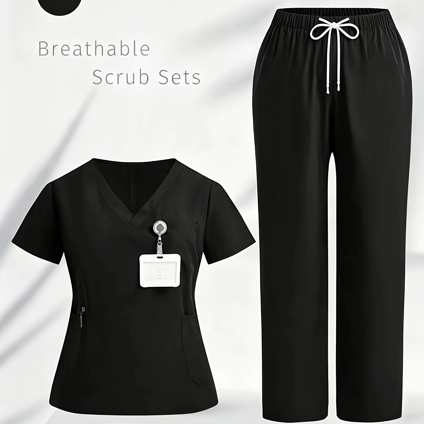 TEMU 2pcs V-neck Solid Color Split Hand-washing Gown, Women' Workwear, Nurse Short-sleeve Work Uniform, 2pcs Casual Workwear Set For Women,