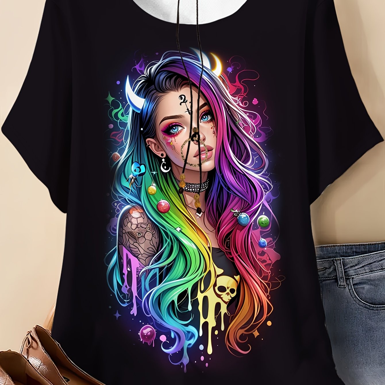 TEMU Plus Size, Plus-size Women's Clothing, Loose-'s T-shirt, Gothic Woman With Colorful Painting Print - Printed T-shirt, Round Neck Short-sleeve