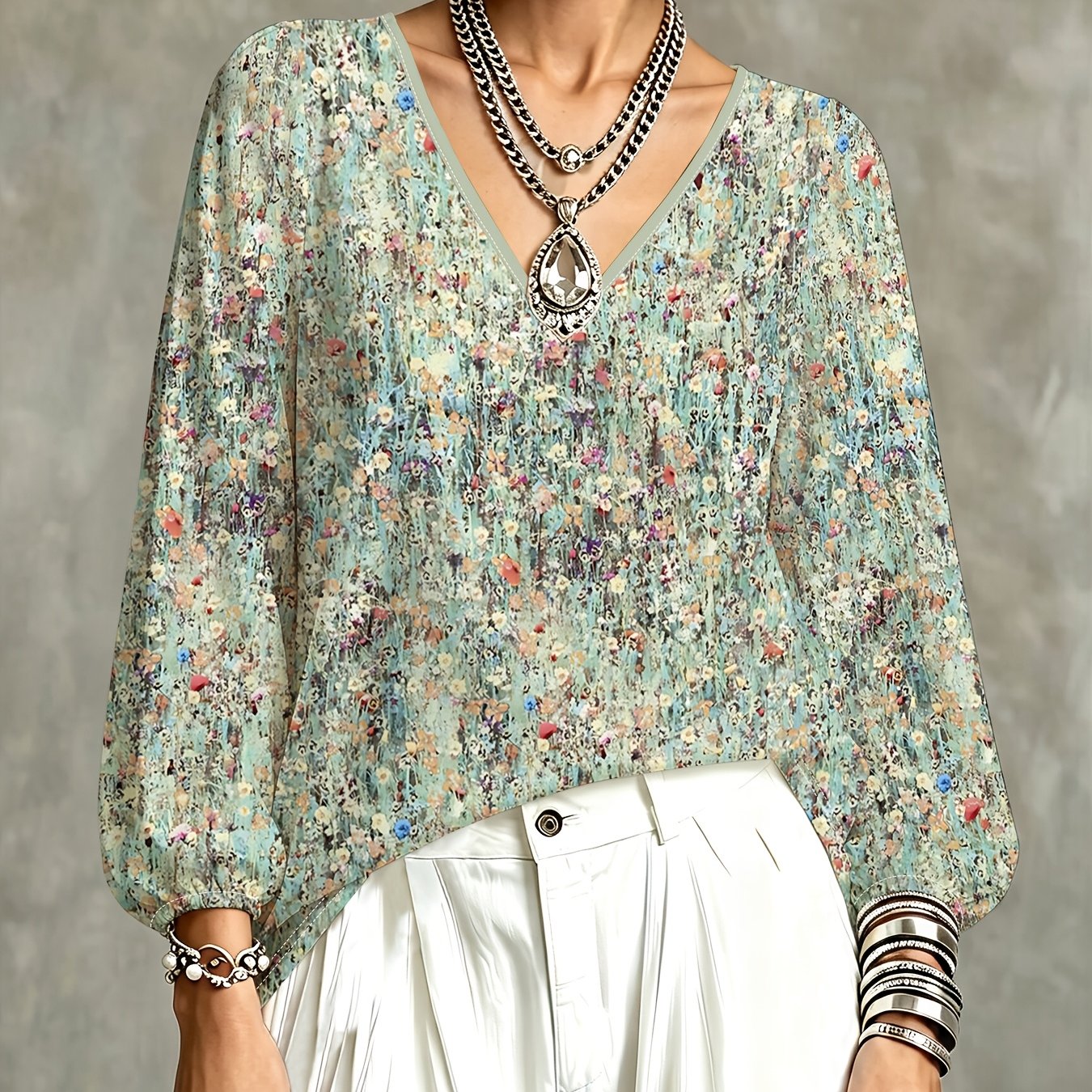TEMU Women's Long Sleeve V-neck Top, Fresh Watercolor Scattered Artistic Print Blouse