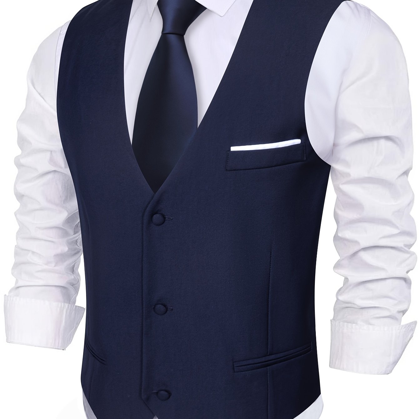 Image of 5pcs Men's Navy Blue Dress Vest Suit Set: Waistcoat, Necktie, Bow Tie, Pocket Square, And Cufflinks For Tuxedo Events