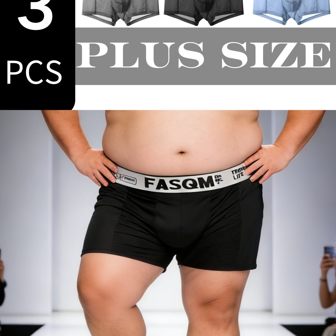 Image of 3pcs Plus Size Men's Icy Charm Comfy Boxers , Mesh Patch Breathable Comfy Stretchy Trunks, Men's Casual Plain Color Underwear Blue Black Deep Gray Contrast Color Letter Print Waist Band, Plus Size