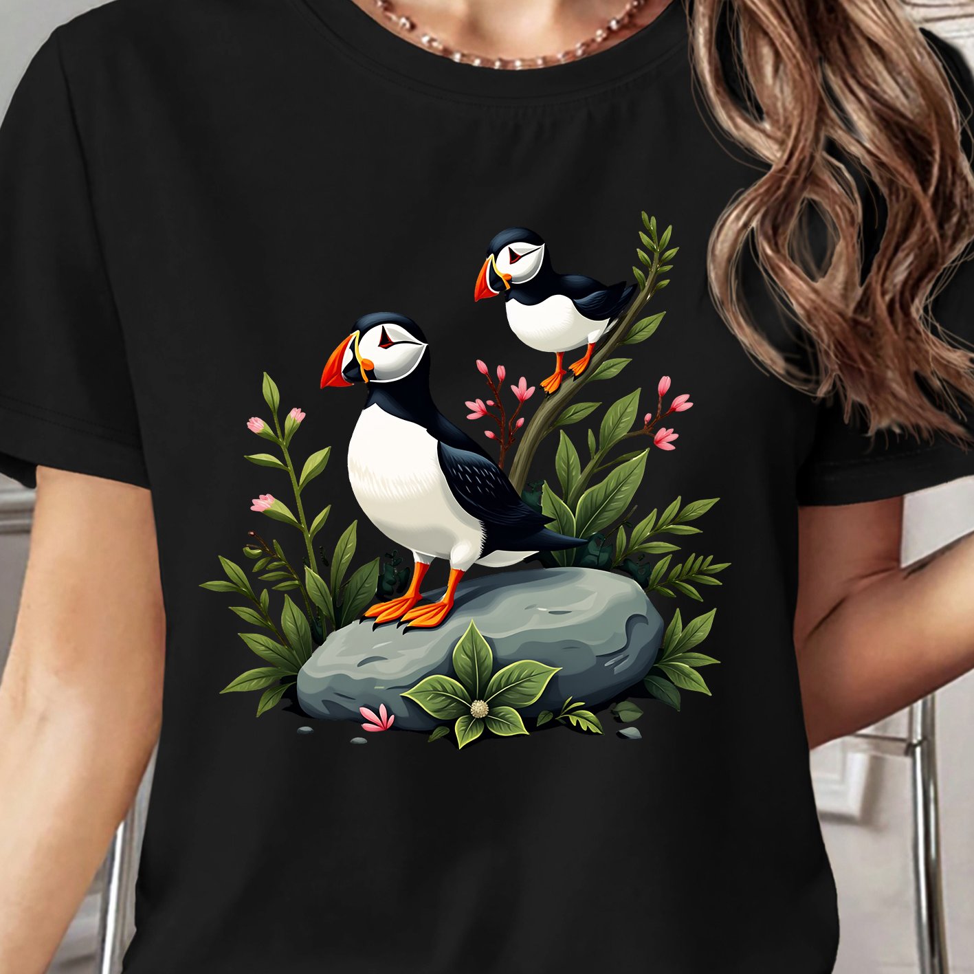 TEMU Plus Size Women's Short-sleeved T-shirt Floral And Bird -friendly And Breathable Round Neck Top Spring, Summer And Autumn Casual Loose Daily