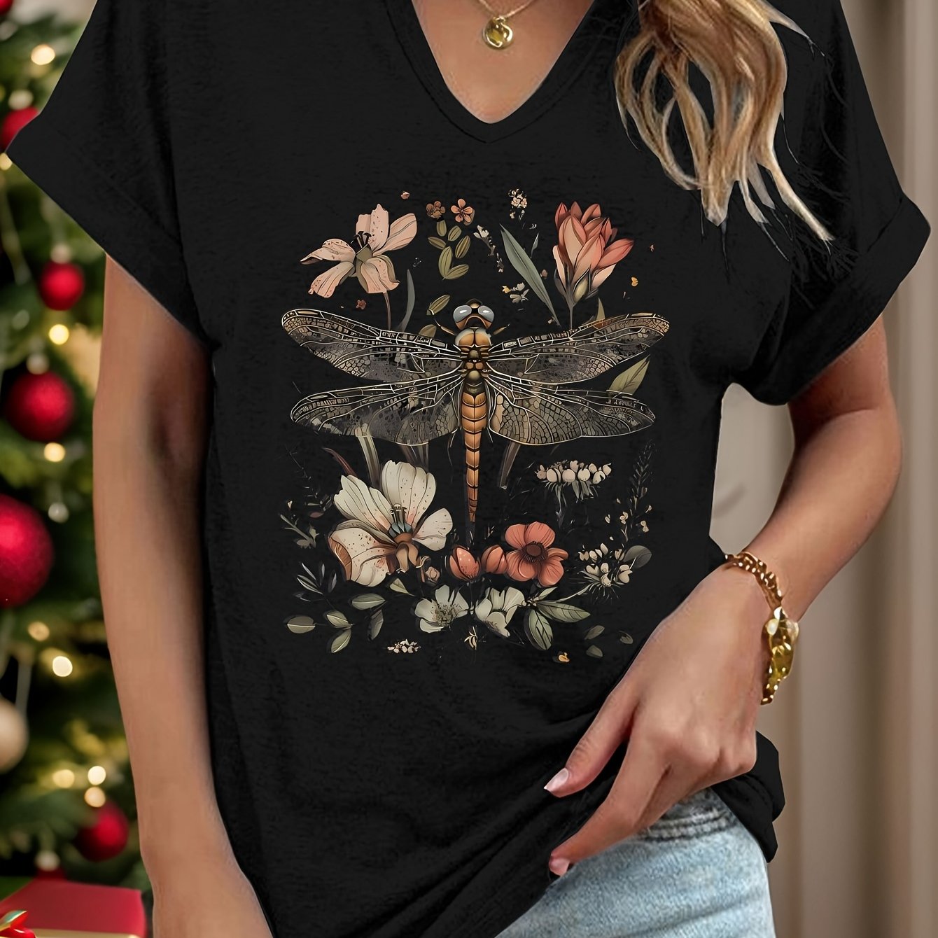 TEMU Women's Vintage Floral Dragonfly Print T-shirt - Soft V-neck Short Sleeve Top With Rolled Sleeves, Country Core Design, Machine Washable Regular