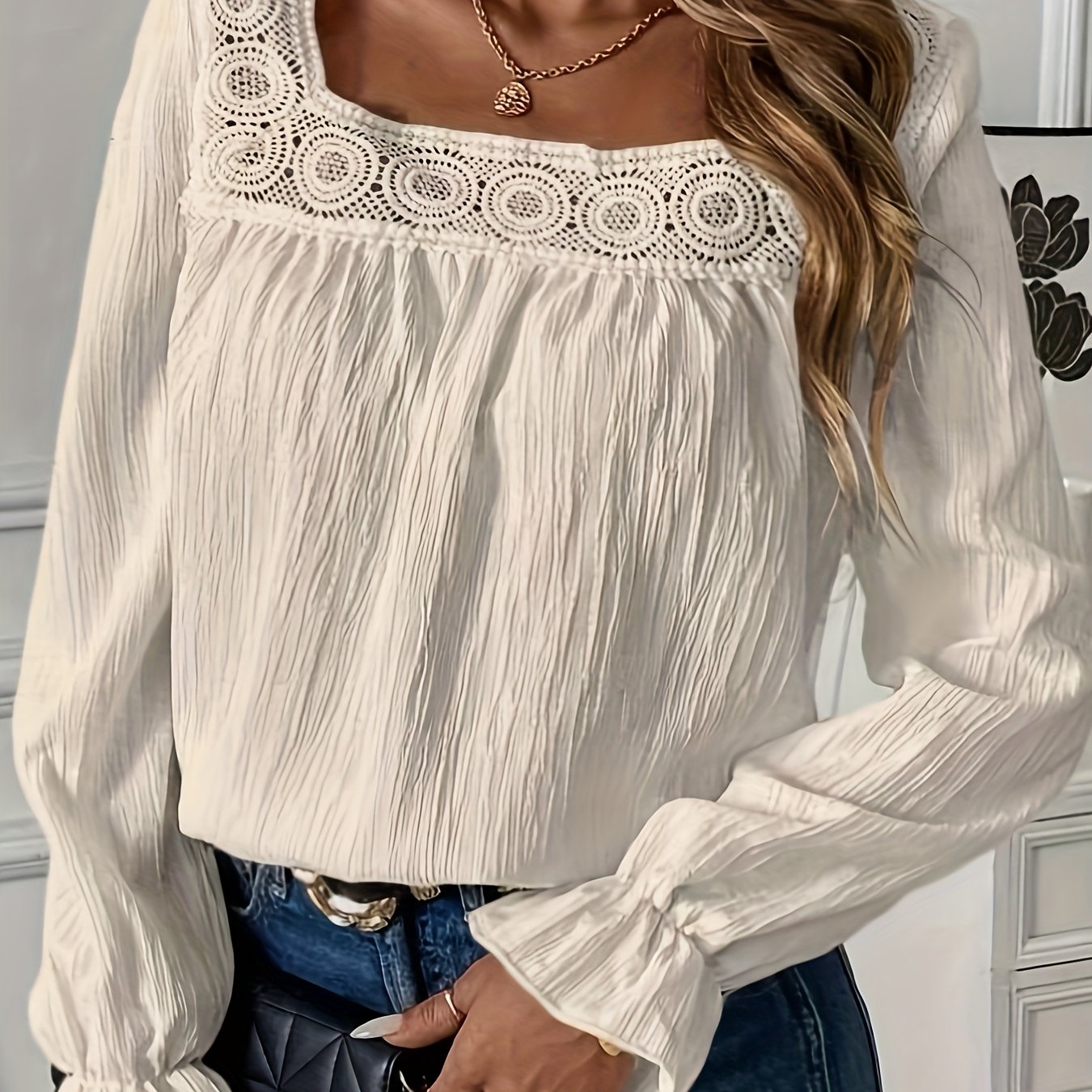 TEMU Yy0618035 Women' Neck Lace Long Sleeve Loose Fit Doll Neck Blouse Shirt