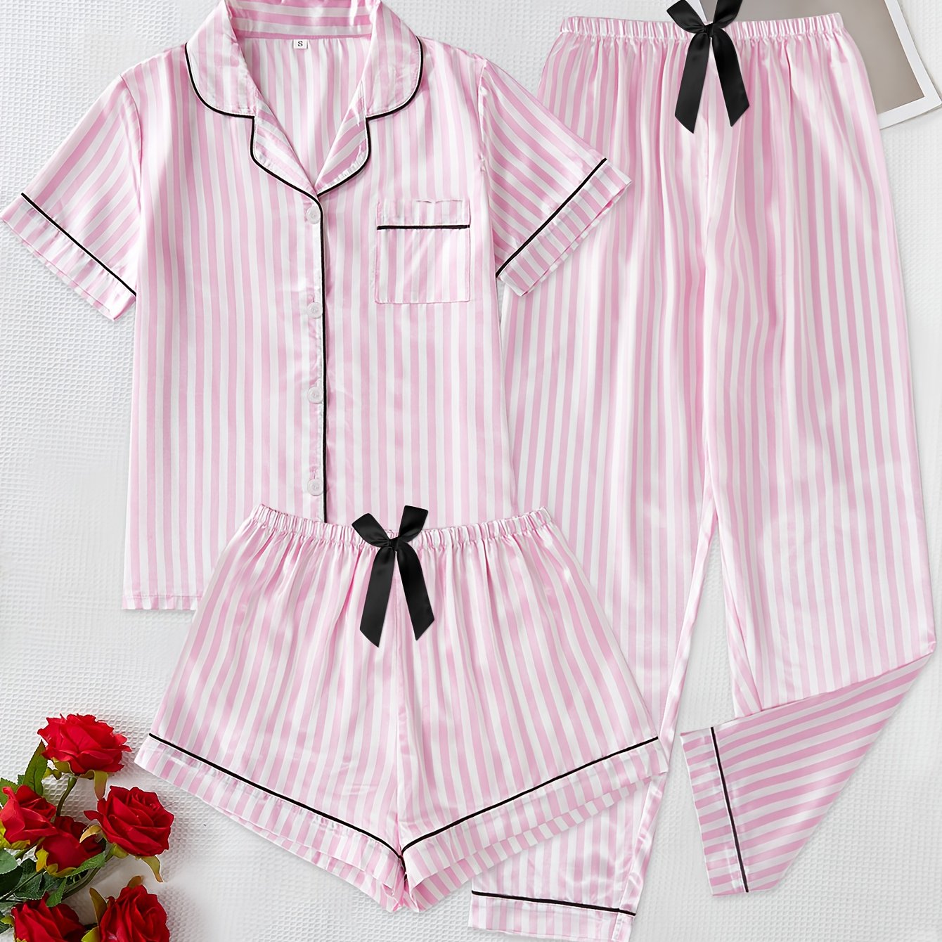 E-shop 3-teiliges elegantes Damen-Pyjama-Set – Kurzarm, Shorts und mit Schleifendetail, gestreiftes Muster, Ganzjahres-, Heimkleidung, lässige Kleidung