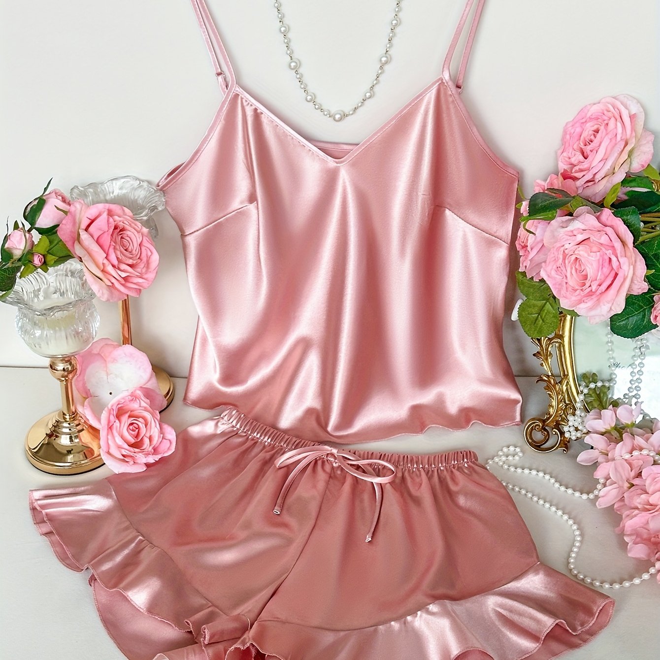E-shop V-Ausschnitt Vier-Jahreszeiten-Mode Camisole mit Rüschenshorts Pyjama-Set für Damen, 2-teilig
