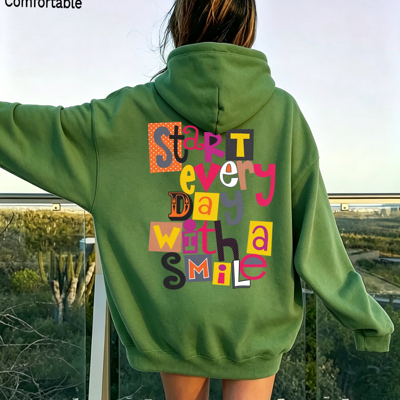Image of Autumn Women's Fashionable Loose Drop-shoulder Hoodie With Back Colorful 'start Day With ' Print, Style For Ladies, Daily Wear Pullover Jacket With Pockets And Drawstring