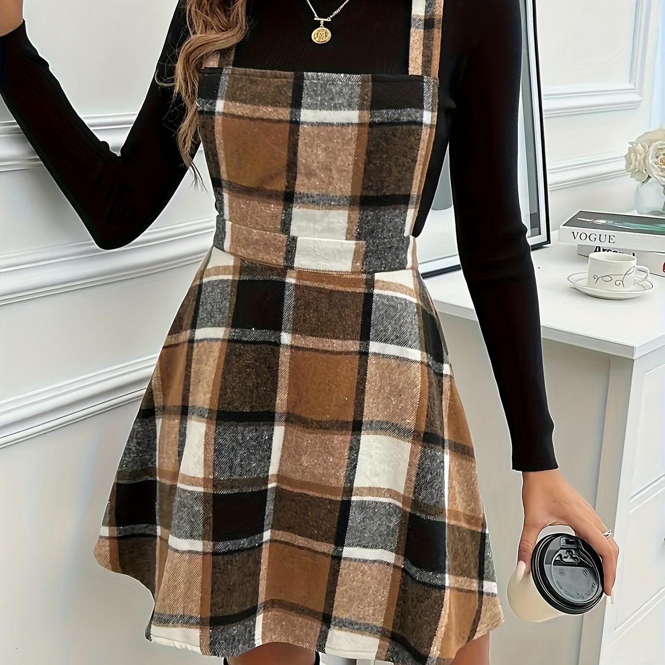 TEMU Women's 2025 Autumn/winter New Warm Casual Versatile Checkered Dress Jumper Dress