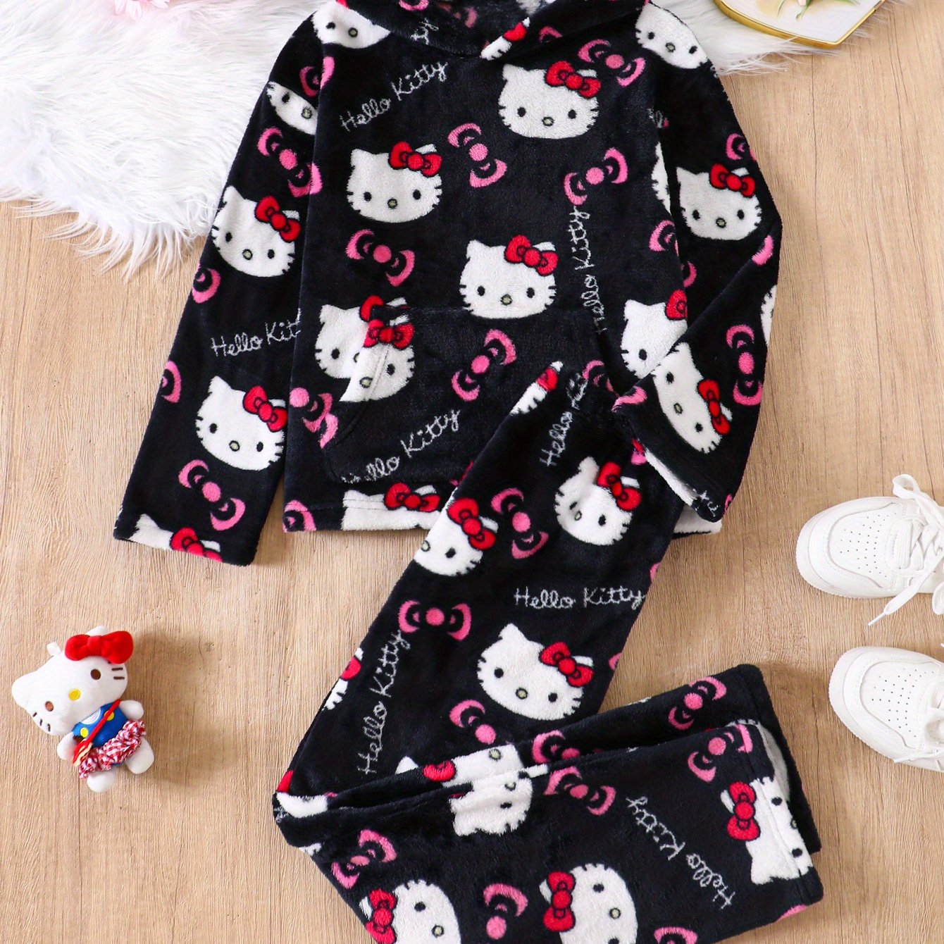 2pcs Girls' Autumn/winter Long Sleeve Hello Kitty Print Neck Top + Casual Hello Kitty Print Versatile Pants Set, Perfect For Outdoor