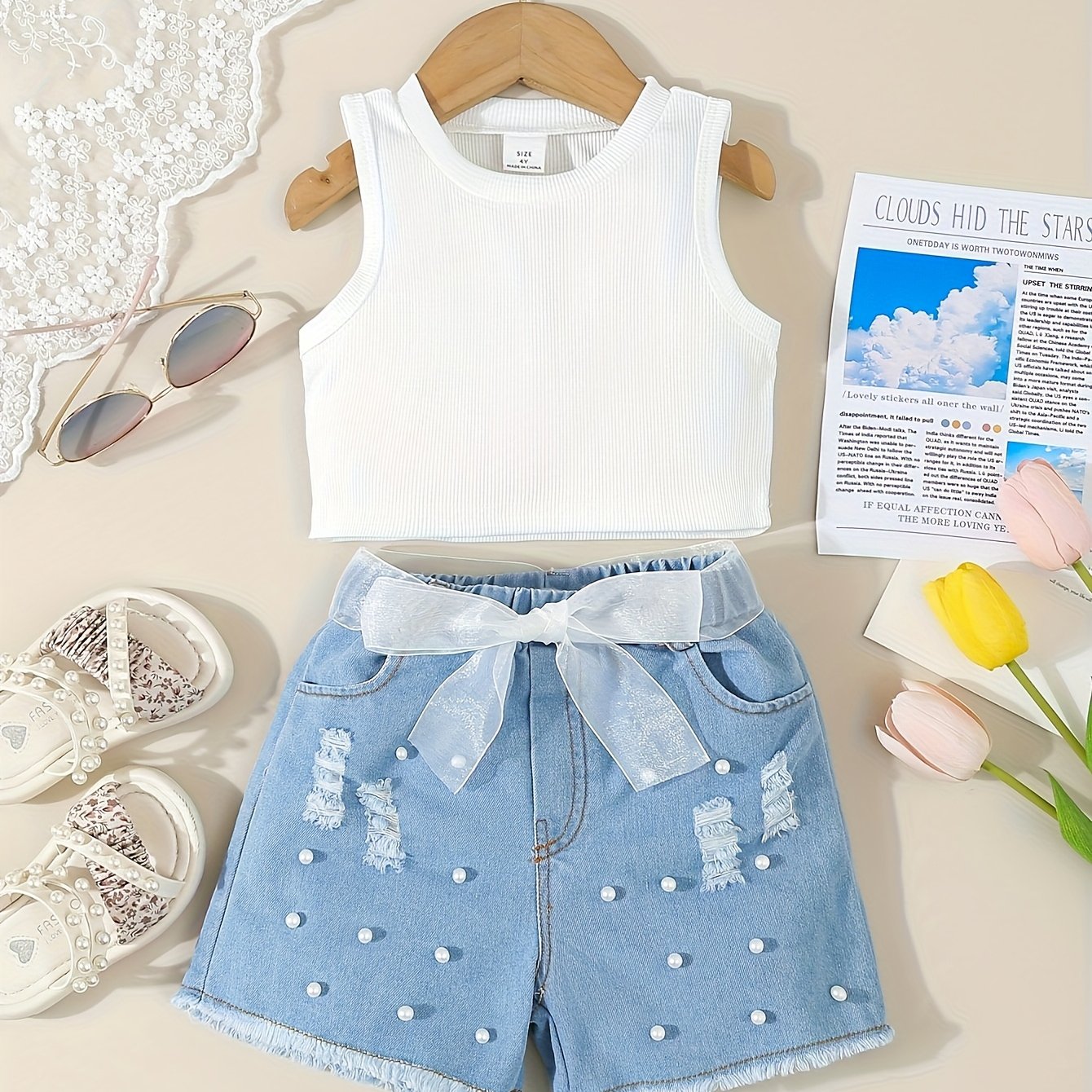 Image of Girls' Outfit Featuring A Round-neck Ribbed Tank Top For Casual Spring And Summer Wear, Stylish Distressed Pearl- Shorts With A Belt, A Two-piece Set For , For Outdoor