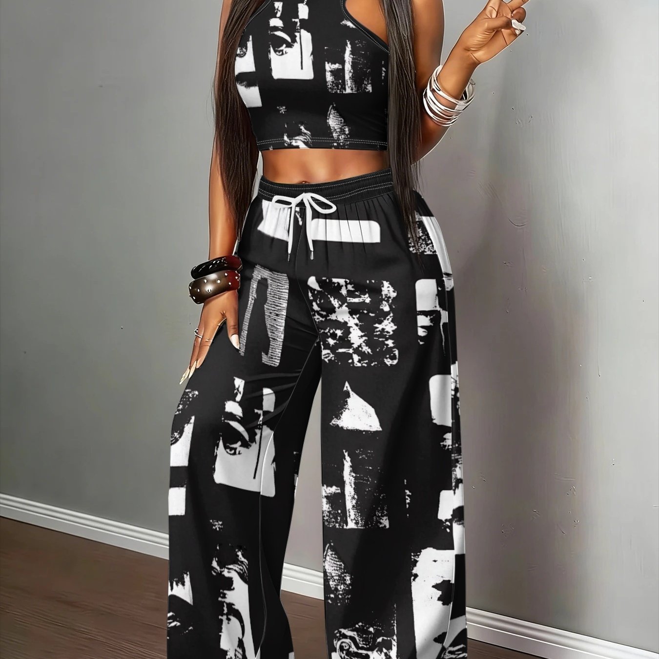 TEMU Black And White Portrait Print Halter Vest And Wide-leg Pants Two-piece Set, Street Hot Outfit