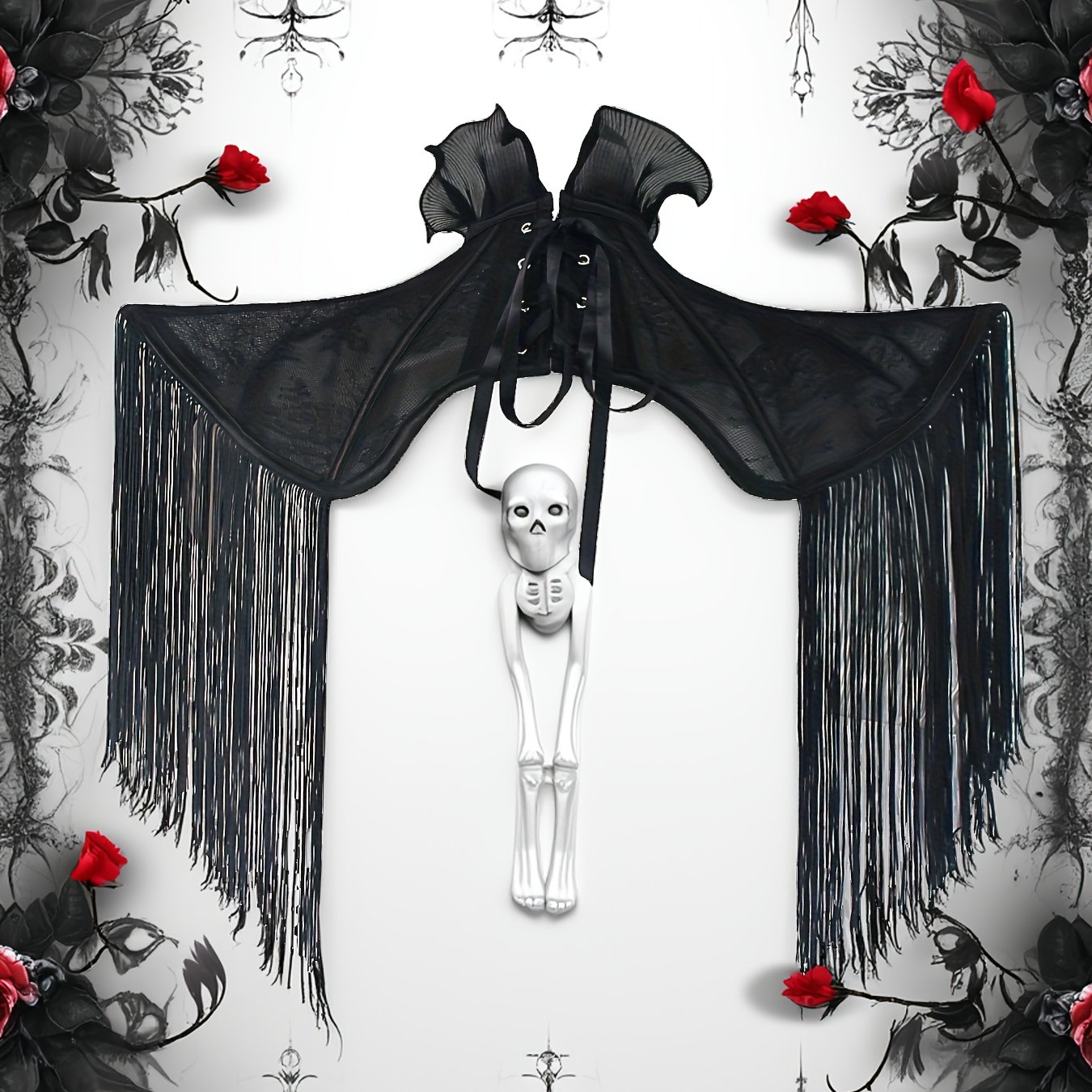 Image of Dark Gothic Lace Tassel Pointed Cape Halloween Witch Costume Shawl