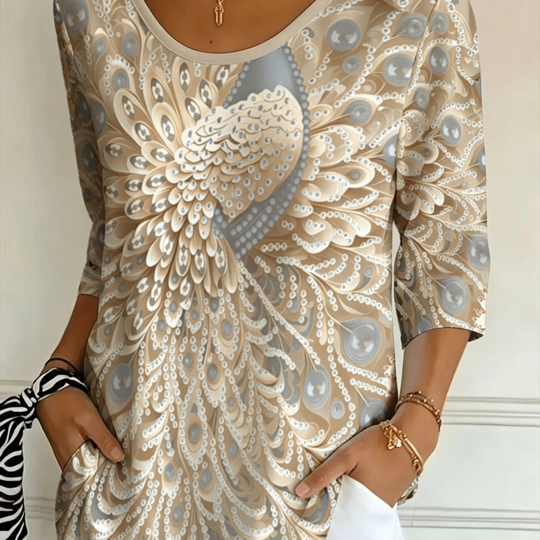 TEMU Women'-quarter Sleeve T-shirt With Peacock Gemstone Pattern Print, Elegant , Suitable For Daily Wear, Stylish And Luxurious