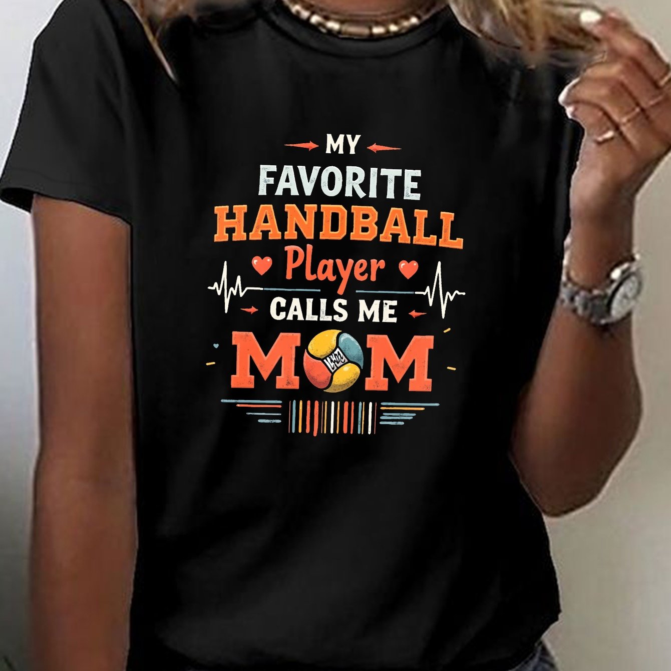 TEMU Women's Handball Mom Graphic Print T-shirt - Short Sleeve Crew Neck Casual Top With Geometric Patterns, Medium Stretch Fabric, Machine Washable,