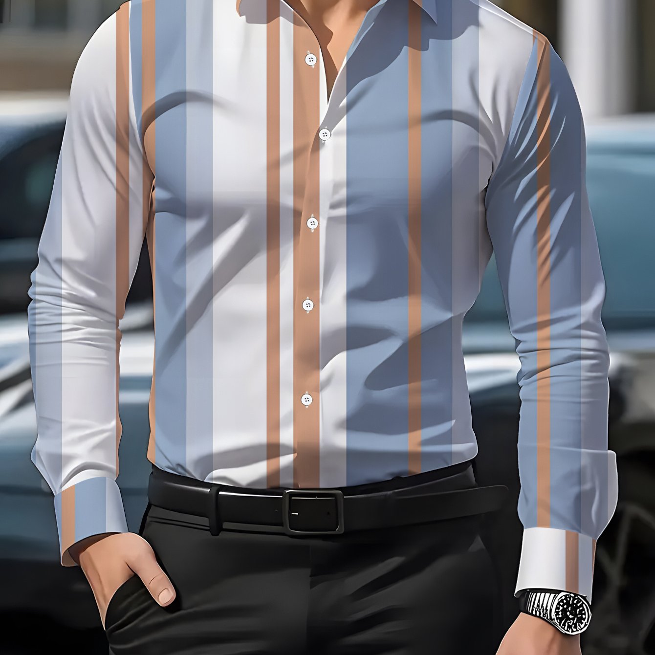 TEMU Men's Long-sleeve Shirt, Striped Style, Print Shirt For, Vertical , Men's Shirt In Blue, Brown, And White Colors, 3d Casual Shirt For Men, Soft