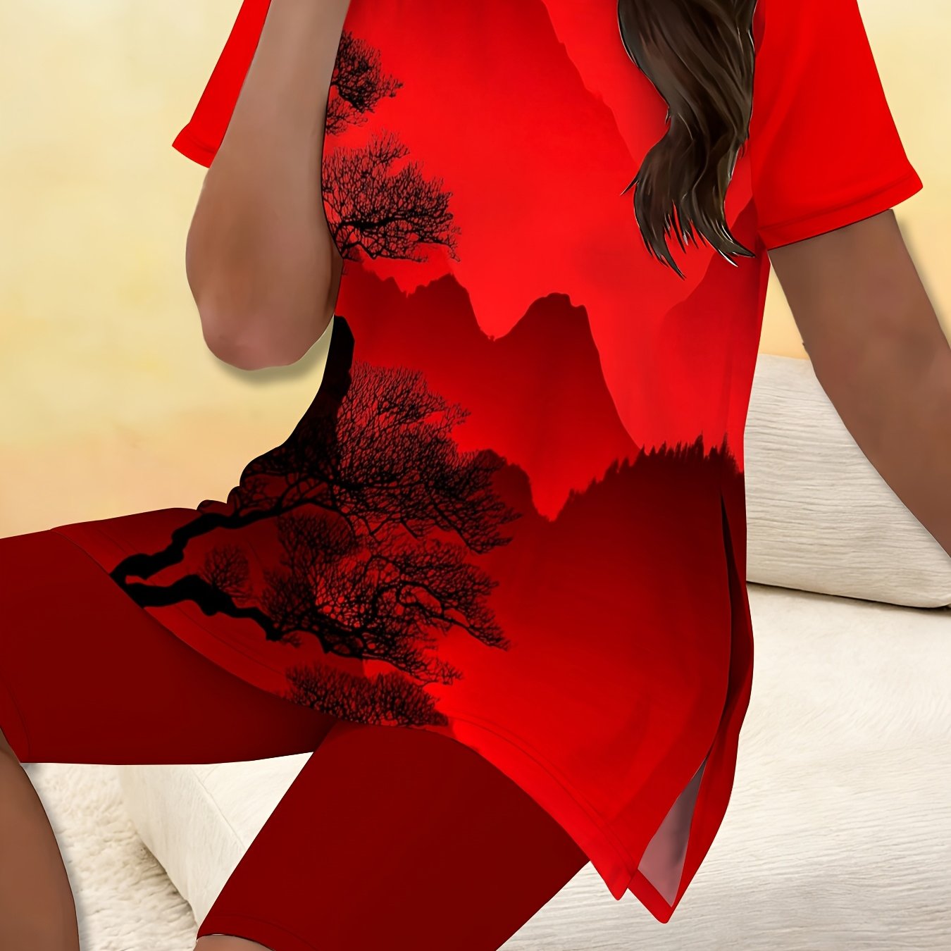 TEMU Red Base With And Water Silhouette Short-sleeve Side-slit Shorts Set: The Red Background Is With A Full Print Of Black Withered Trees And