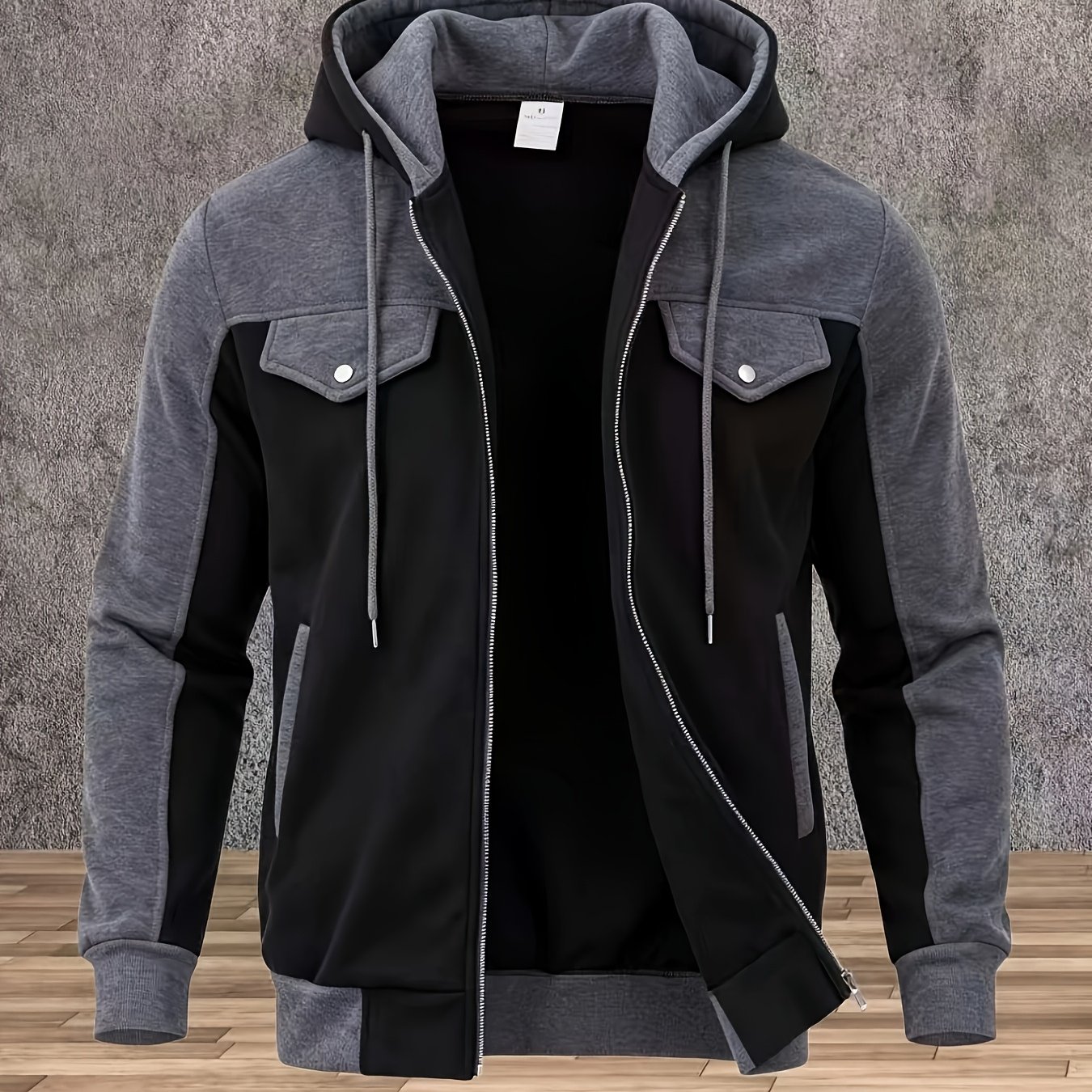 TEMU [ Obm] Men's -block Hooded Sweatshirt, Full-zip Long Sleeve Casual With Pockets Jacket
