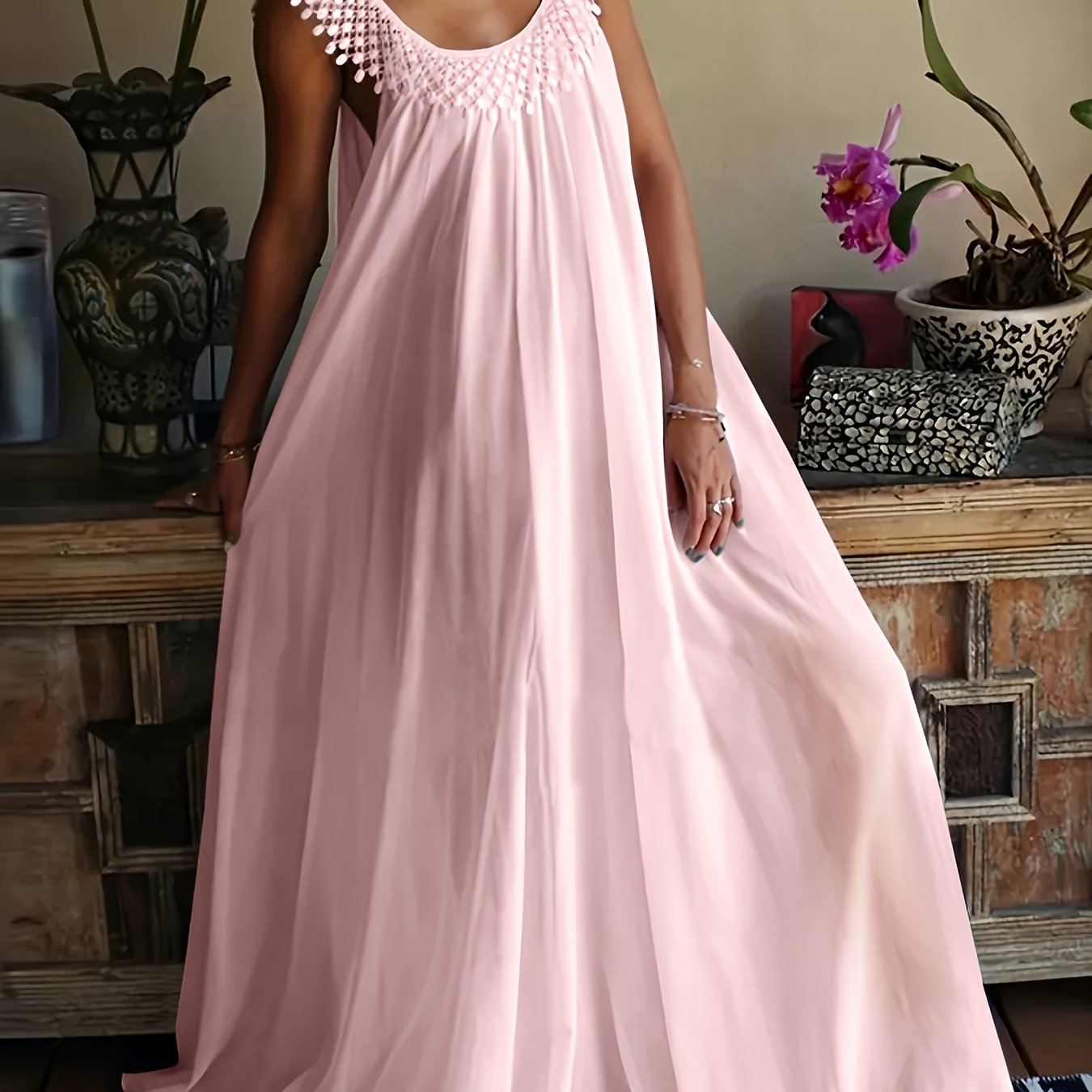 TEMU Plus Size Women's Elegant Casual Chiffon Temperament Lace Long Dress, Breathable Comfortable Top, Wear, Loose Fit