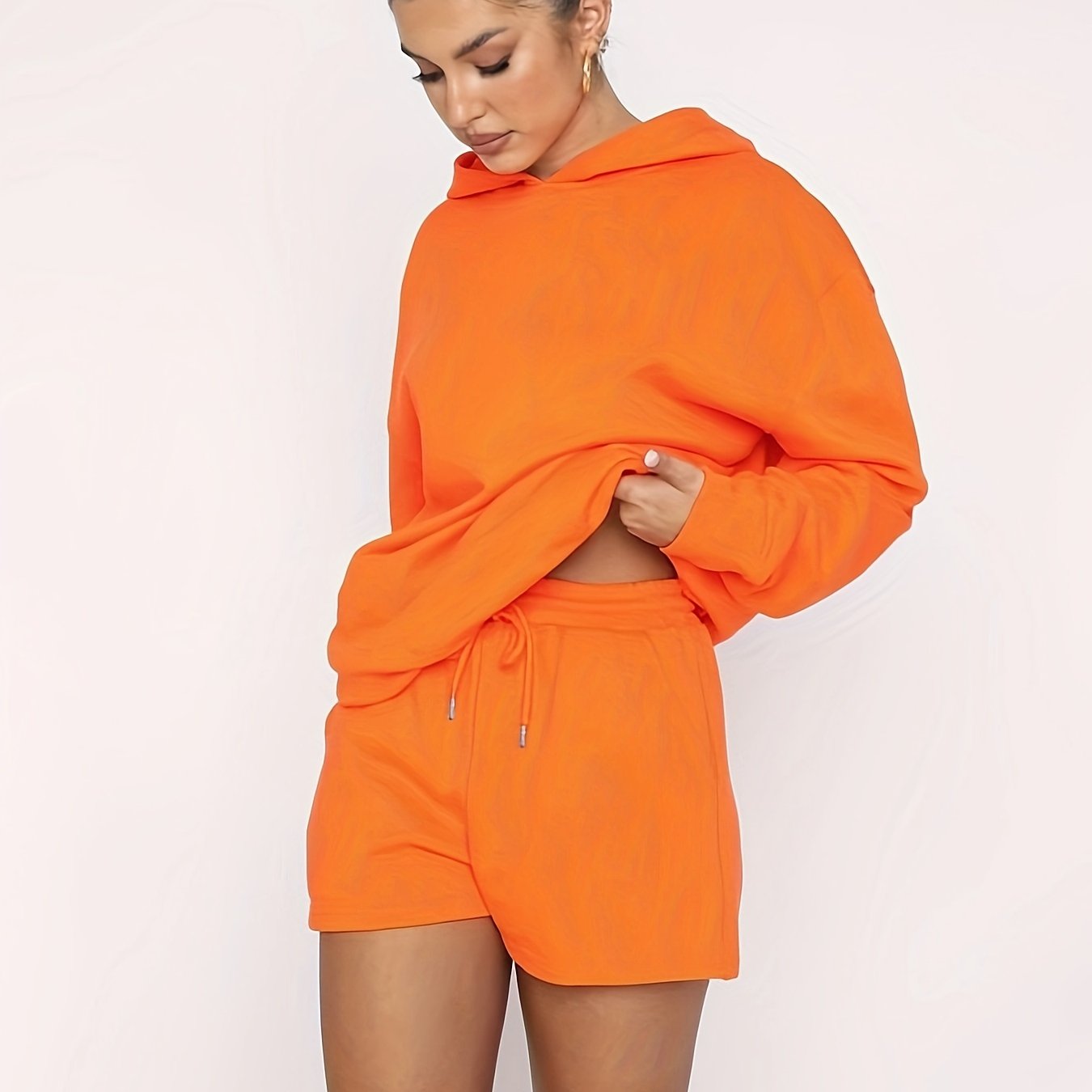 Casual Solid Two piece Set Drop Shoulder Long Sleeve Hoodies - Temu