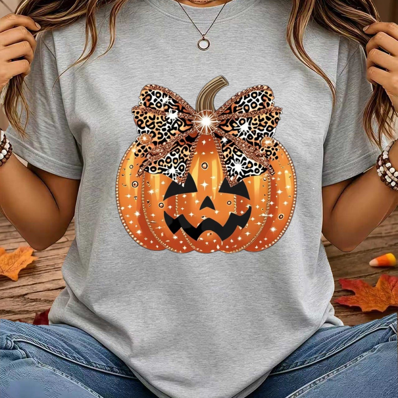 TEMU T Shirt With Pumpkin And Leopard Bow Print For Halloween Party Retro Casual Round Neck Printed T-shirt