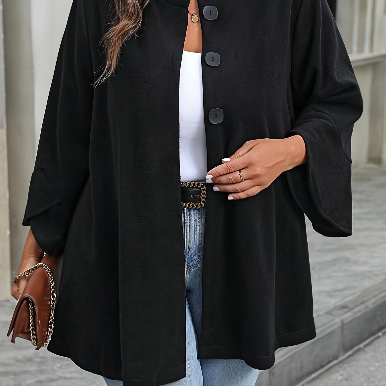 TEMU Plus Size, Women's Plus-size Black Mid-length With A High Collar And Button Embellishments, Suitable For Autumn/winter, Christmas, And Halloween