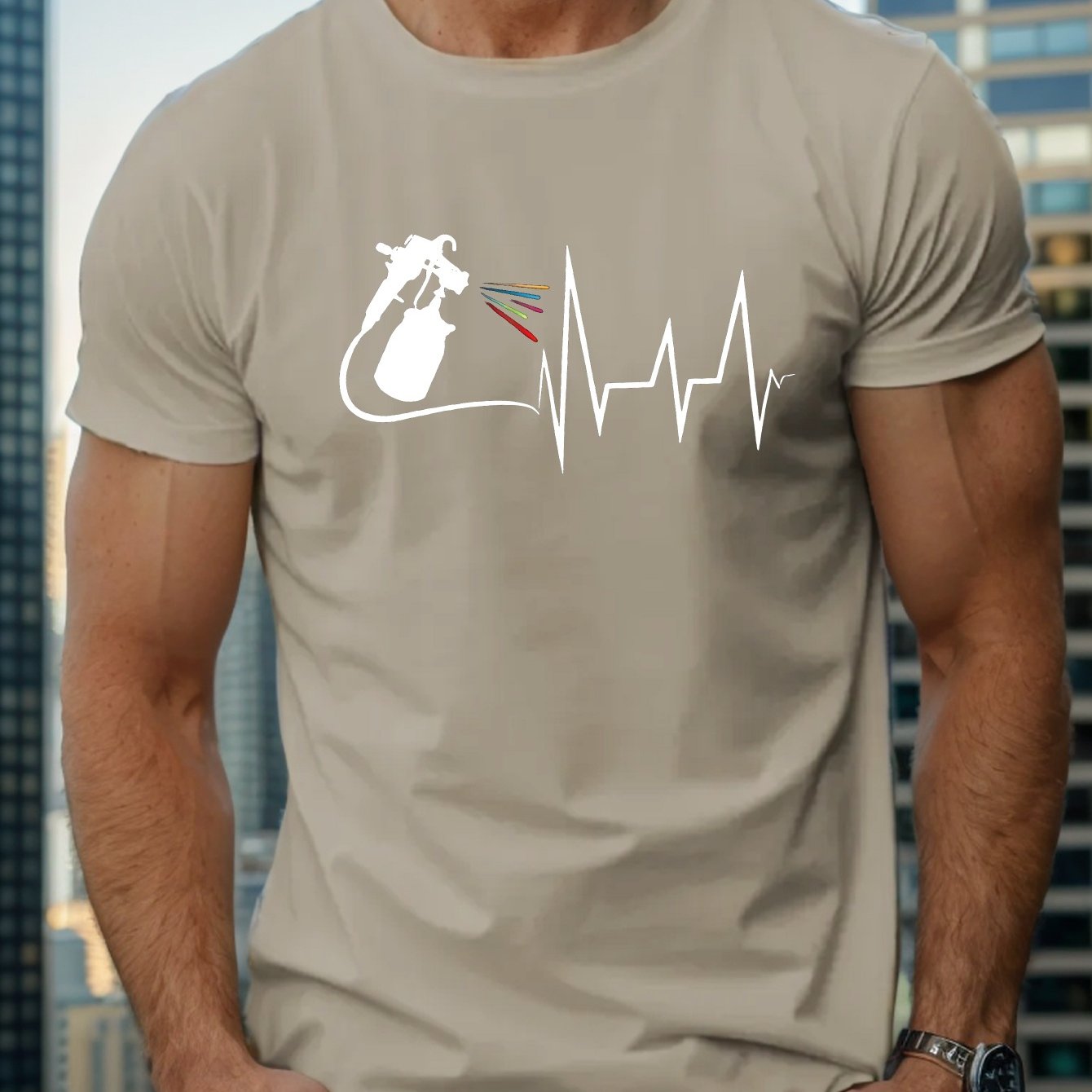 TEMU Men's Casual Ekg & Paintbrush Graphic Tee - Soft Polyester, Short Sleeve, Round Neck, Summer T-shirt With Machine Washable Design