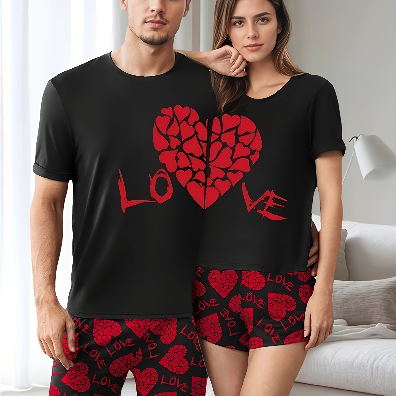 E-shop [HERREN/DAMEN] Romantisches Valentinstags-Paare-Style-Homewear Kurzarm-Shorts-Herz-Buchstaben-Druck-Pyjama-Set für Männer oder Frauen, 1 Stück