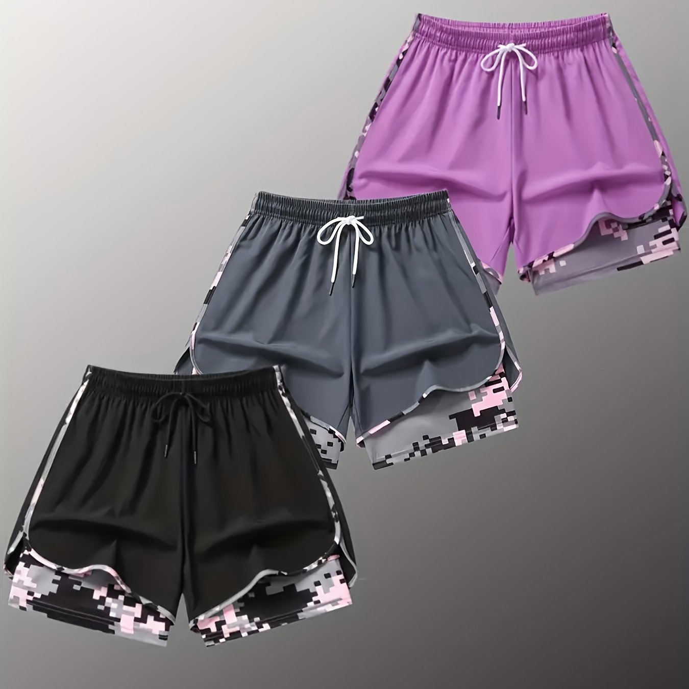 TEMU Plus Size - 3pcs - Plus Size Women's Shorts, Double-layer Fake 2 Piece Camouflage Pattern, Breathable Quick Drying Pants, Women's Shorts With