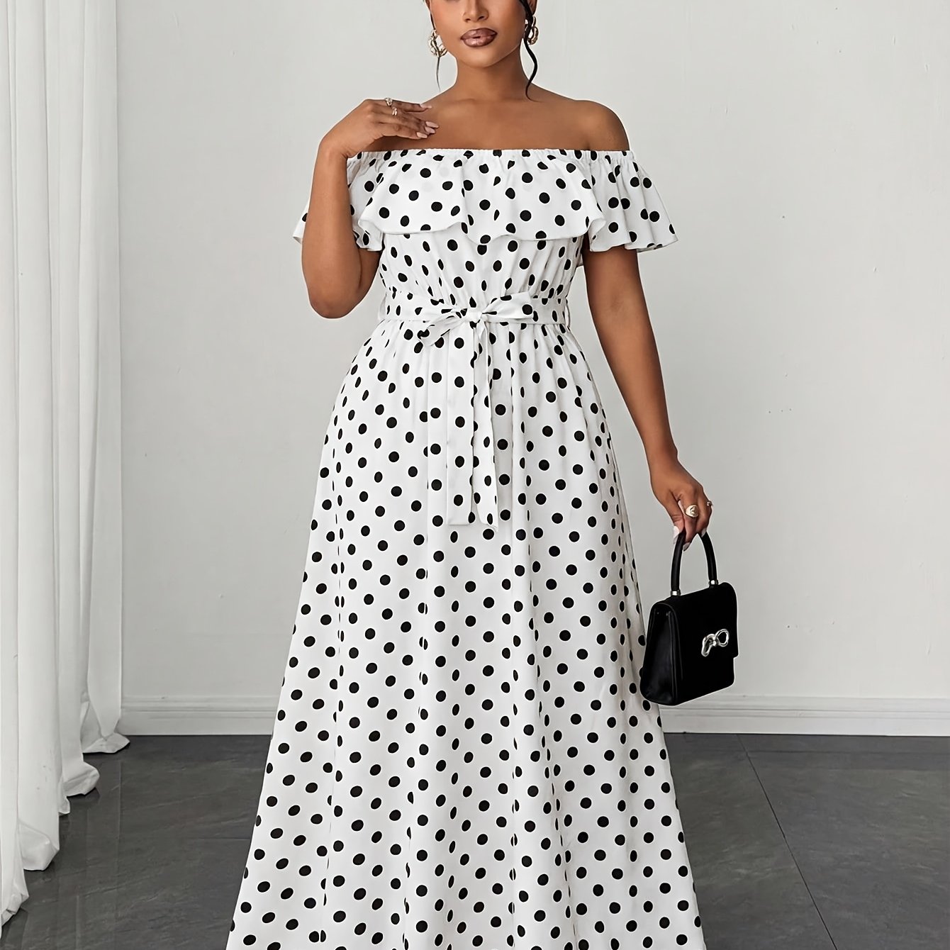 TEMU Plus Size - Women's Spring Summer New Lightweight Flowy Fabric Polka Dot Off-shoulder Dress, Tie-bow Waist Long Flared Skirt. Suitable For