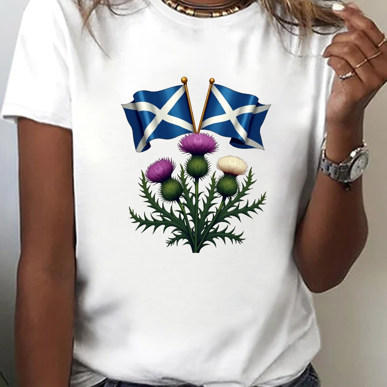 TEMU Scottish Flags And Blooming Print T-shirt, Short Sleeve Crew Neck Casual Top For Summer & Spring, Women's Clothing