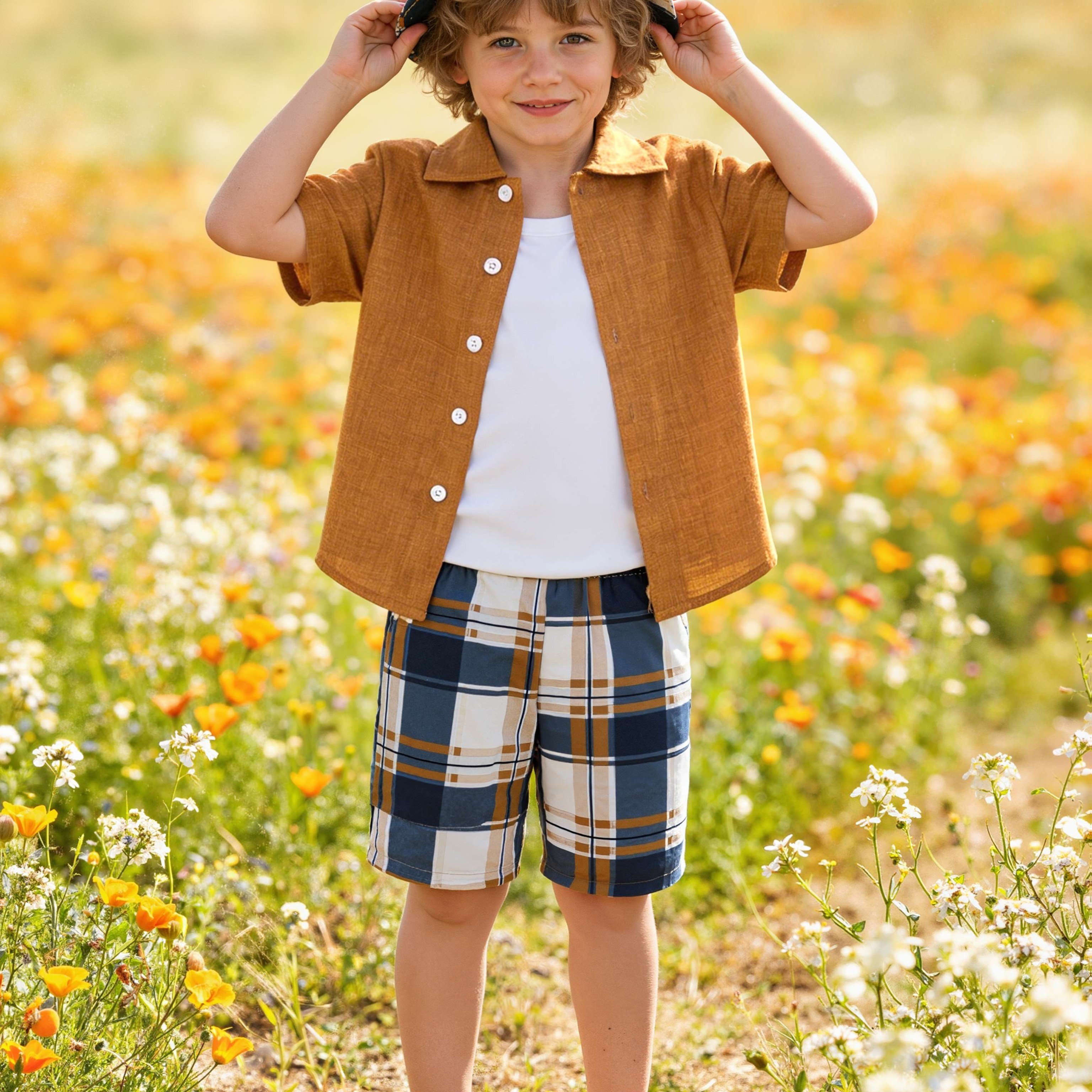 Image of Boys Solid Color Shirt Shorts Hat Three-piece Suit Casual Versatile Solid Color Top Shorts Suit Summer New Comfortable Casual Suit 1-8 Years Old