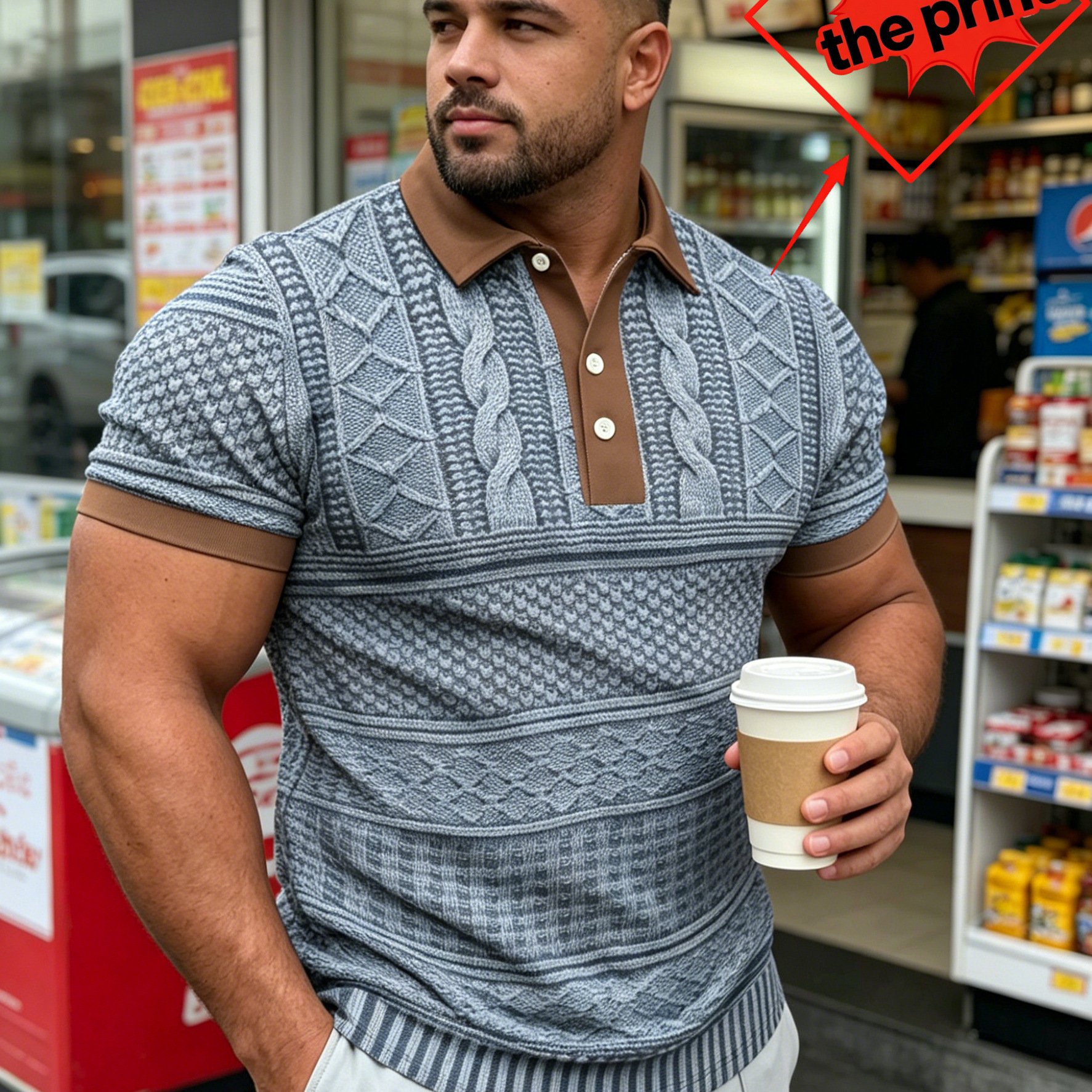 TEMU [printed Design-not Textured] Summer Men's Knitted Style Flat-printed Short-sleeve Shirt, Casual Top With A Turn- Collar, Vintage Style For