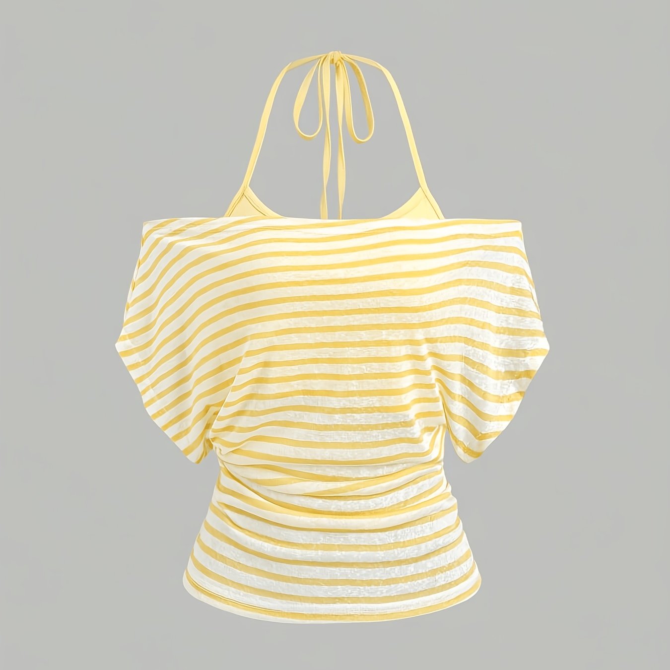 TEMU Lemon Yellow | Striped Halter Neck Off-shoulder Waist-cinching Top, 2pcs Designer Short Sleeve Set