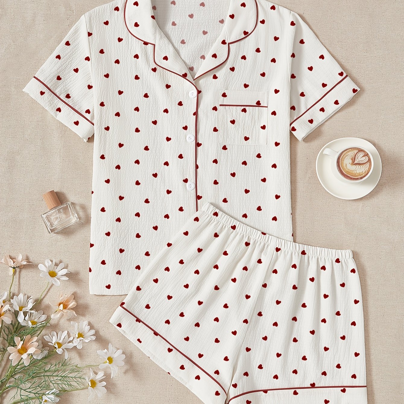 Puff Pleated Open-front Button Heart Print Short Sleeve Short Shorts Pajama Set