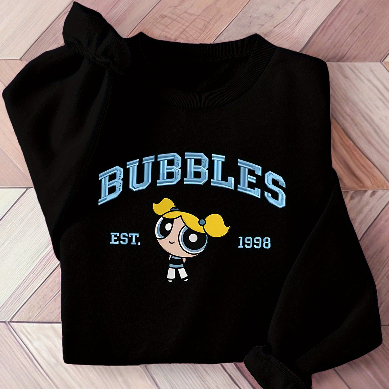 TEMU Kvinnenes Bubbles-grafiske sweatshirt - Tegneserie-trykk med «ETABLERT 1998» og «BUBBLES»-design, svart casual crew neck-pullover for