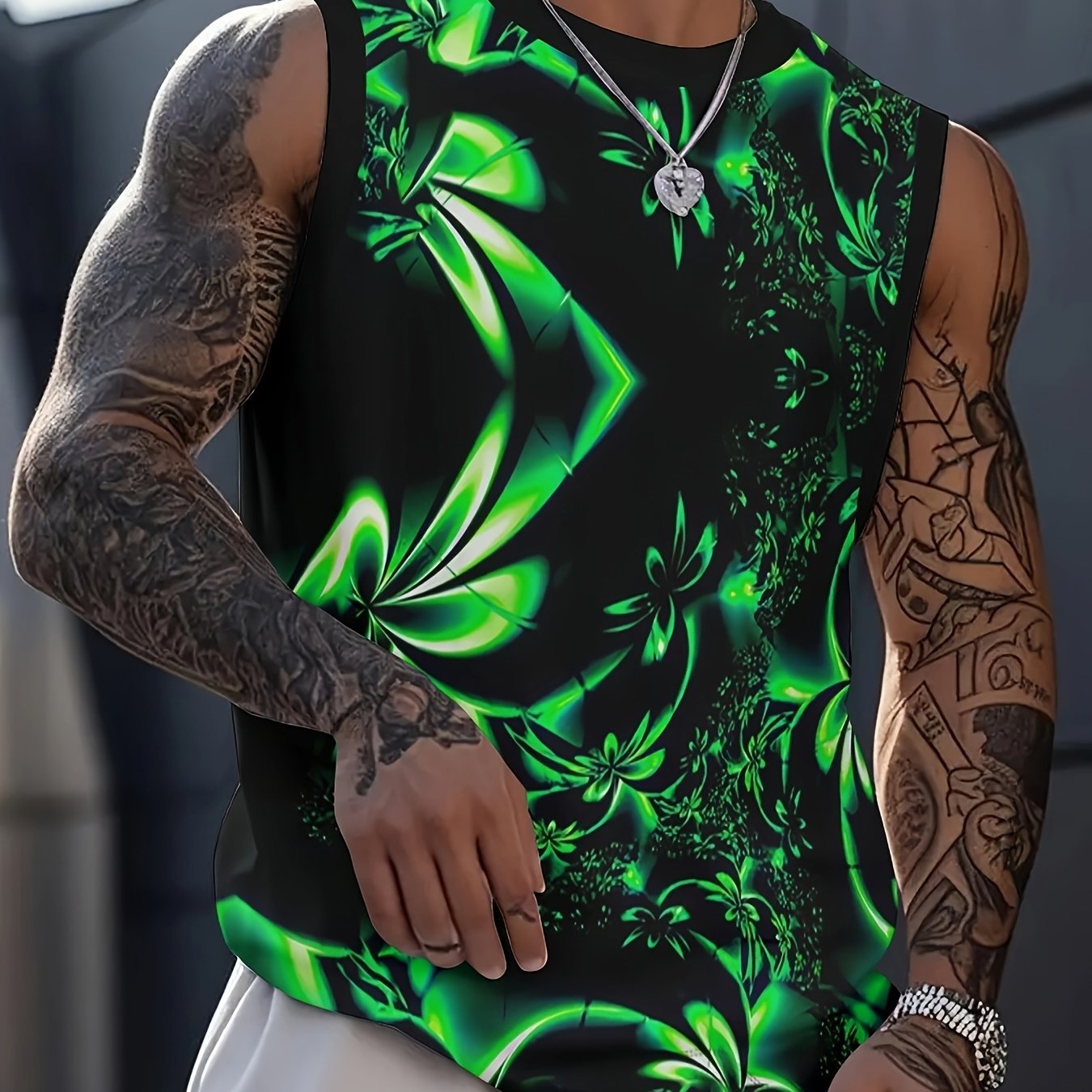 TEMU [print Design-not Textured] Xl-6xl Men's Clover Vest, Print, , Summer Sports Training, Story Series | Themed Top, Knit Texture Style, Fitness