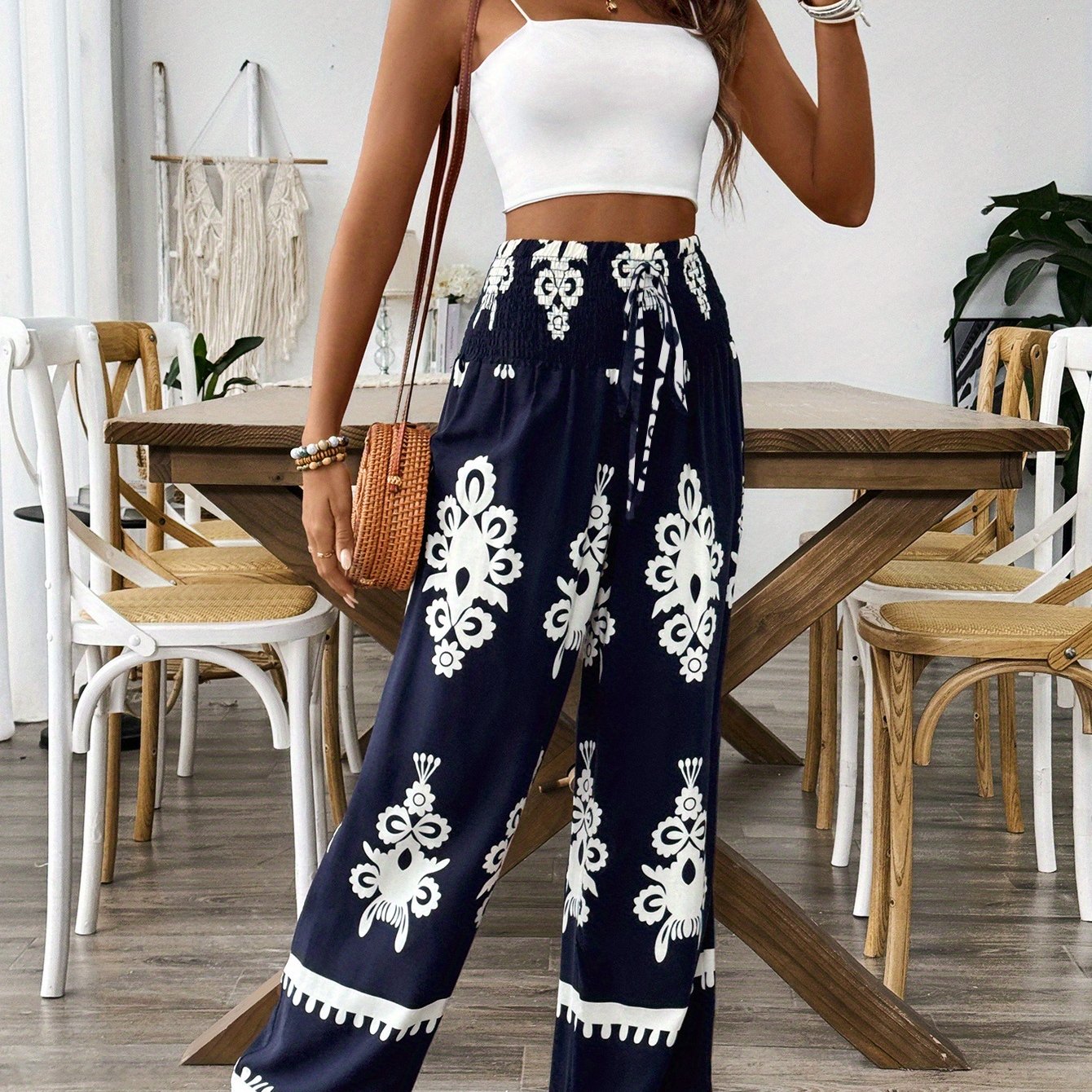 Floral Waist-tie Fashion Casual Printed Pants, Women's Long Wide-leg Trousers