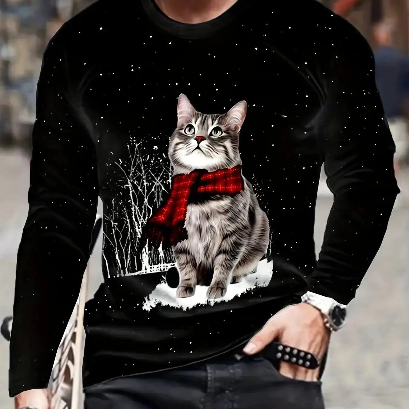 TEMU [print Design-not Textured] Christmas, Party, Round Neck Long Sleeve Men's Shirt, Kitten Pattern, Casual Versatile Style