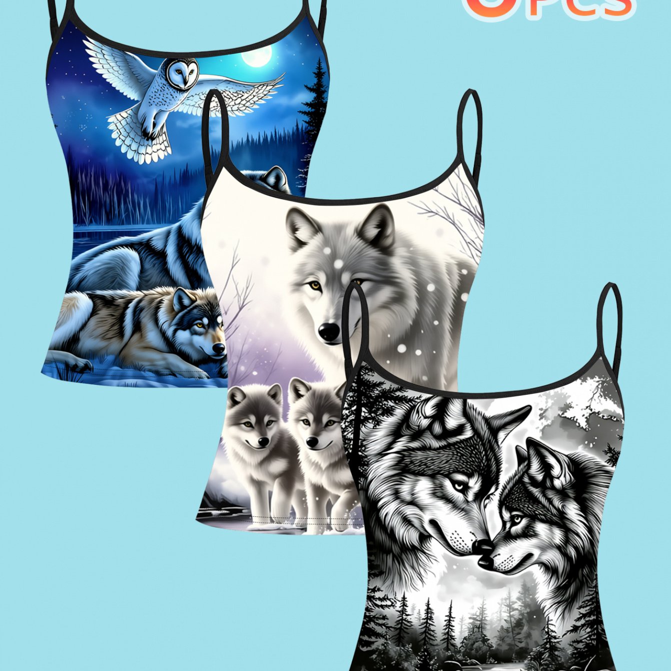 TEMU 3pcs Set Wolf Print Camisole, Women' Inner Wear, Natural Vibe Hot Top