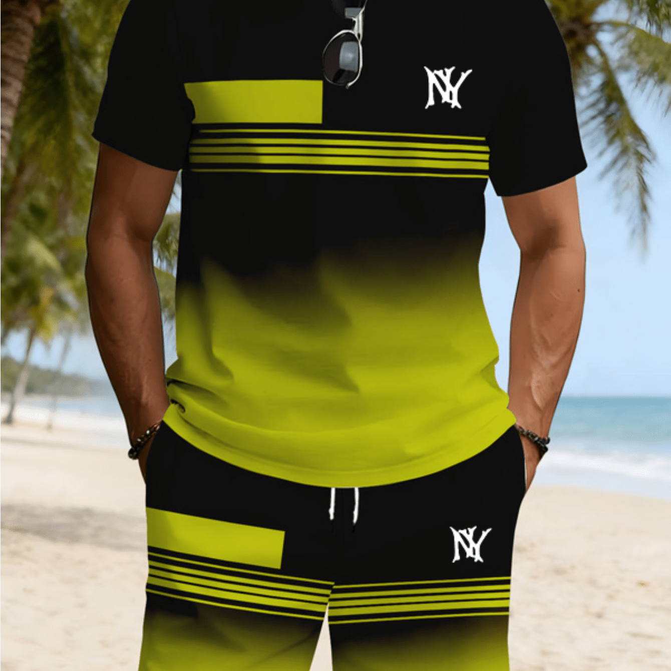TEMU American Gradient Color-block Men's 2pcs -shoulder Comfortable Short Sleeve With Fashionable Shorts Lightweight Breathable Men's Casual Outdoor