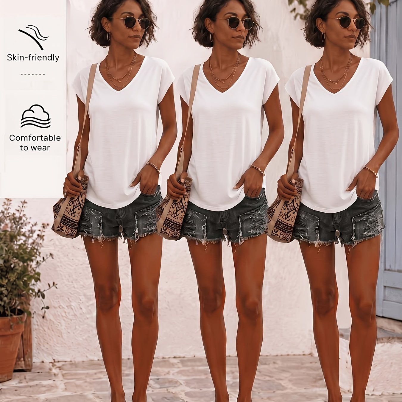 TEMU Ensemble 3 pièces femme printemps été : T-shirt décontracté et à manches courtes, col en V élégant et solide, confortable et facile à , idéal
