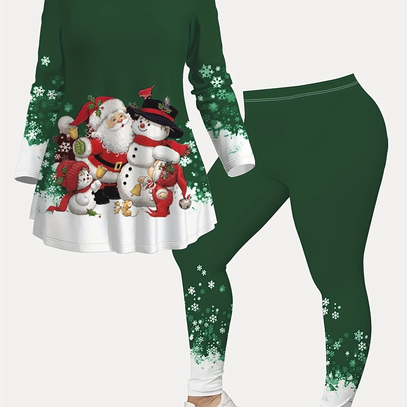 TEMU Plus Size, Plus Size Christmas Santa Claus & Snowman Print Long Sleeve T-shirt And Leggings Co-ord Set - Polyester With Slight Stretch, Casual