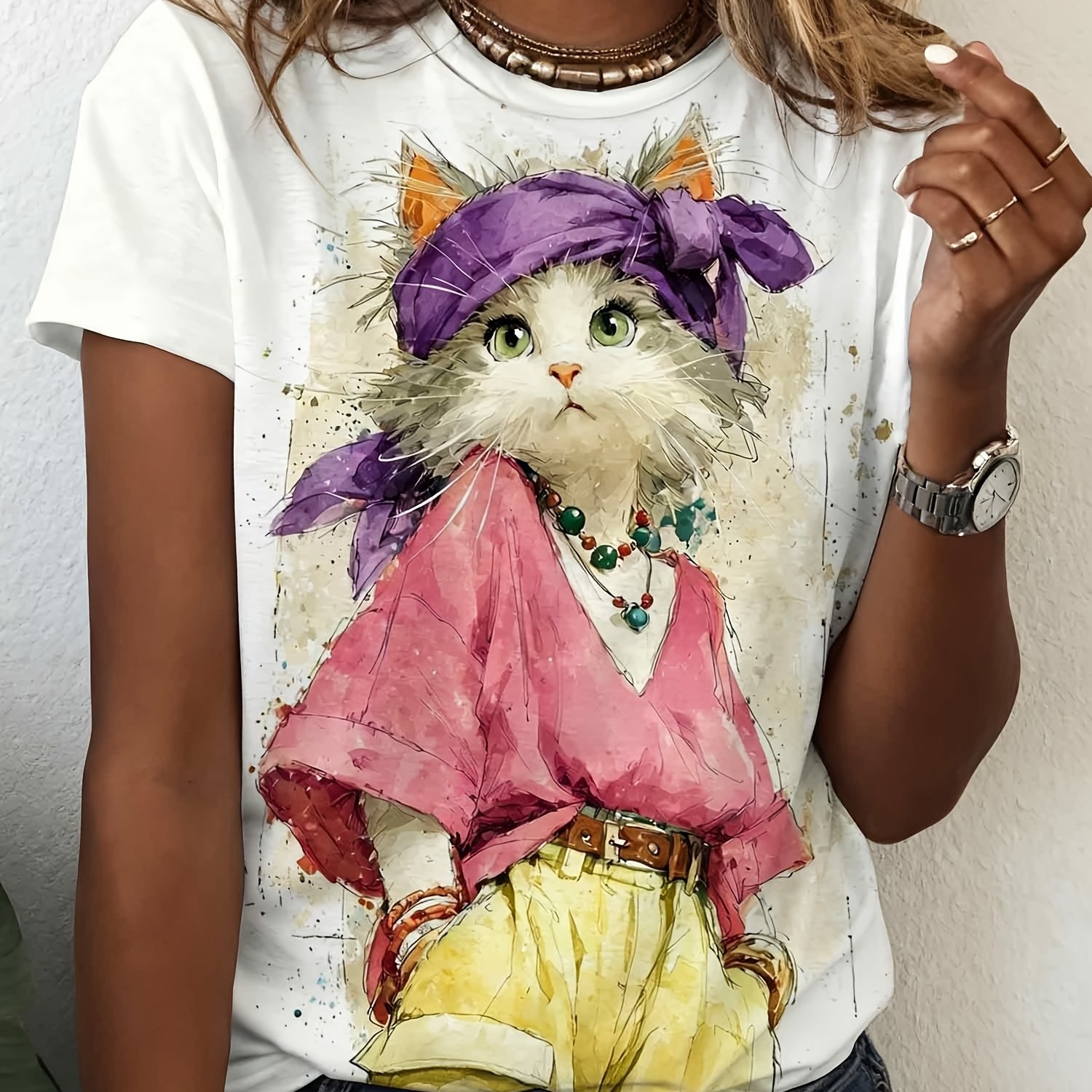 TEMU Plus Size, Flat Print Watercolor-style Design, And . Simple Short-sleeve Fabric Is Breathable And Skin-friendly, Perfect For Casual Attire.