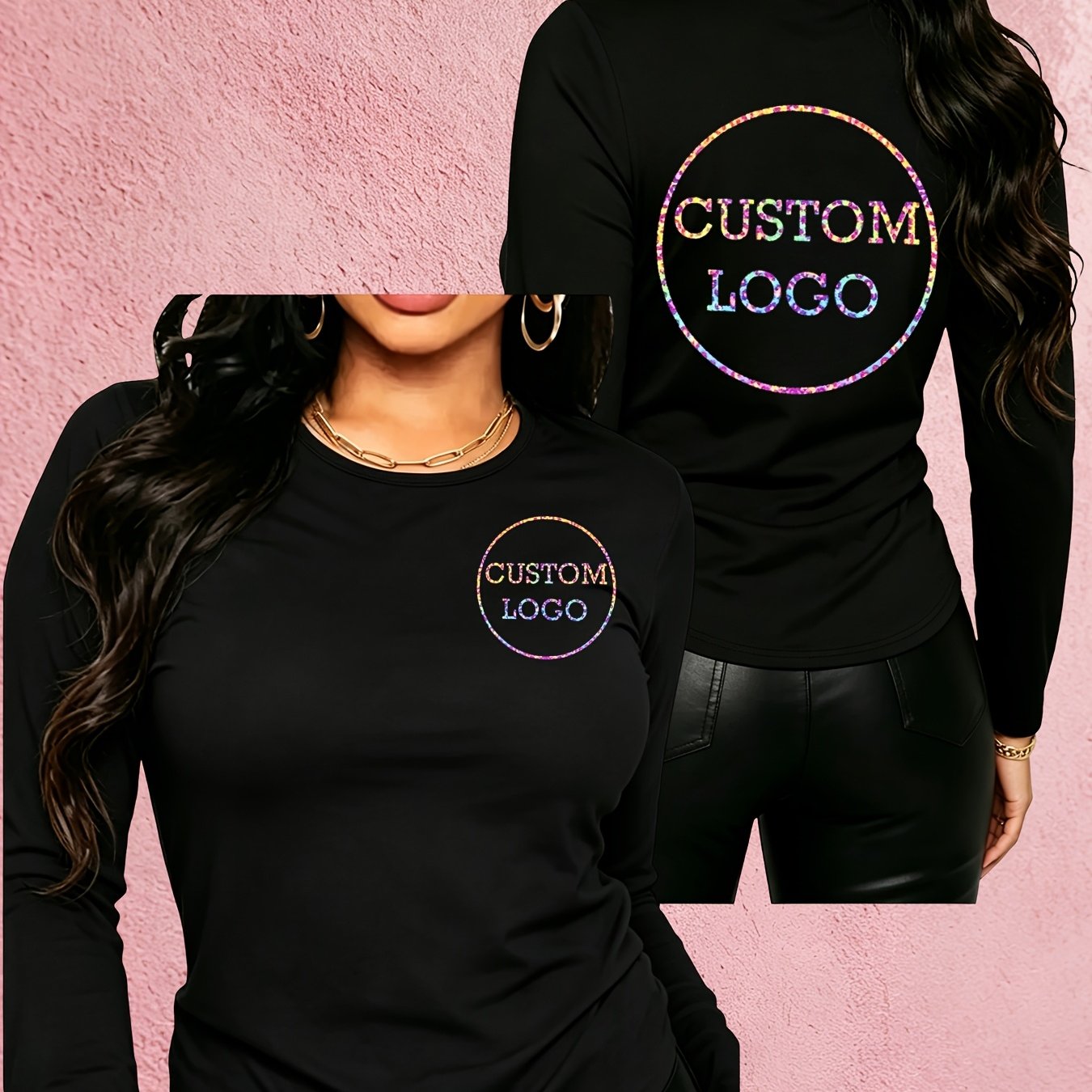 TEMU Custom Printed Round-neck Long-sleeve Women's T-shirt, Street Fashion Casual Top, Trendy And Versatile Style, Custom Printing Available On Front