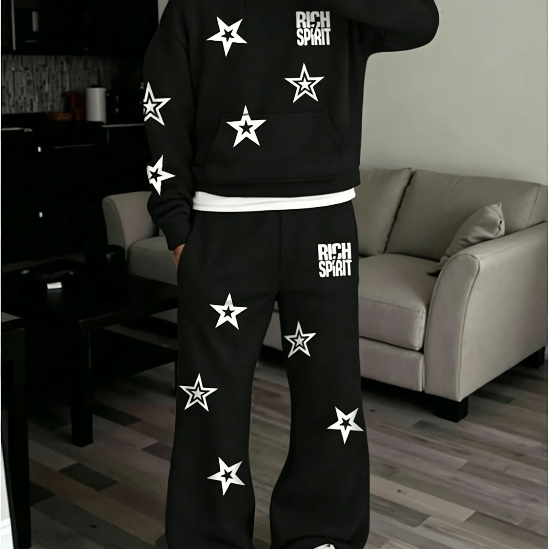 TEMU Men's Printed Casual Set With Long Sleeves And Wide-leg Pants