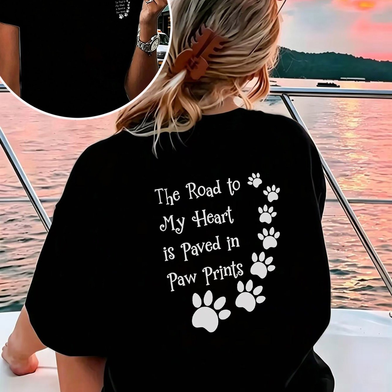 TEMU Women' Paw Print T-shirt Suitable For Pet Lovers - Back Print Crew Neck Casual Top With " To My In " Quote, Machine Washable Dog & Apparel For
