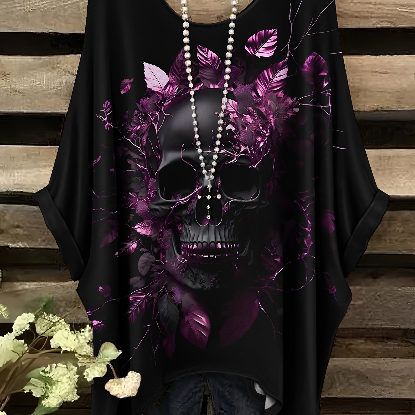 Image of Plus Size - Plus Size - Summer Fashion New Plus Size Round Neck Erosion Skull Pattern Print, Casual Elegant Comfortable Style Women's Round Neck Short Sleeve T-shirt, No Additions