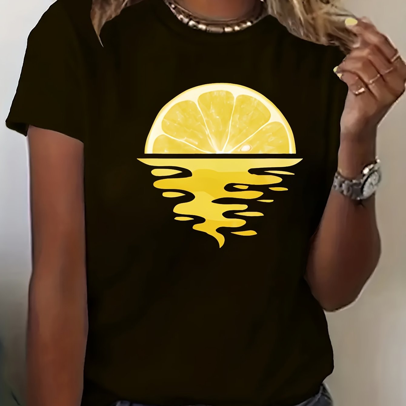 TEMU Women's Lemon Sunset Graphic Tee - Casual Short Sleeve Crew Neck Top, White With & Waves Design, Lightweight Polyester Blend For